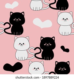Patrón sin foco con gatos y corazones en un fondo rosado. Ilustración del vector
