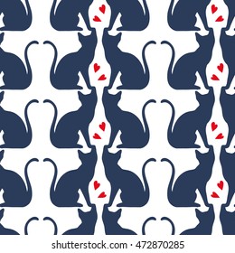 Seamless pattern cats with hearts on a white background. Cats vector silhouette