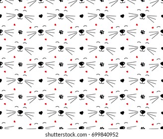 Seamless pattern with cats, hearts and paw.  cartoon cats background. Good for  wallpaper, design for fabric and decor. 