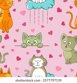 Seamless pattern cats and hearts with pink background