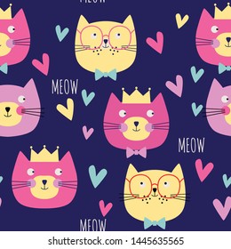 Seamless pattern with cats and hearts. Vector illustration. 