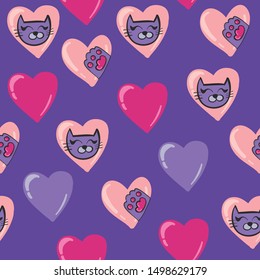 Seamless pattern with cats in hearts. Vector background for textile, fabric, kids, wrapping paper, web and other design.