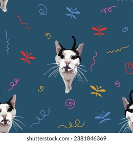 Patrón sin foco con gatos, textura de vacaciones. Patrón de color marino sin inconvenientes con graciosas ilustraciones detalladas de gatitos, coloridos remolinos y mariposas. Envoltura, regalo de vacaciones. Resumen. Baldosa colorida