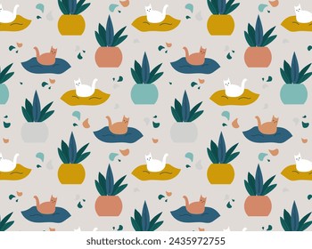 Seamless pattern with cats and house plants. the concept of hobby and home comfort. home textiles. Flat vector cartoon illustration.