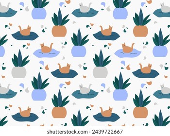 Seamless pattern with cats and house plants. the concept of hobby and home comfort. home textiles. Flat vector cartoon illustration.
