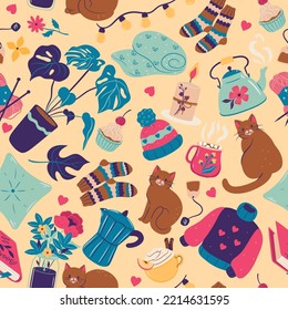 Seamless pattern with cats and hygge items. Vector graphics.