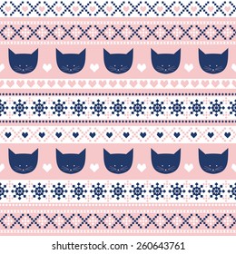 Seamless pattern with cats for kids holidays. Christmas decorations. Cute background for winter holidays. Xmas traditional ornamental pattern. Baby shower vector seamless pattern.