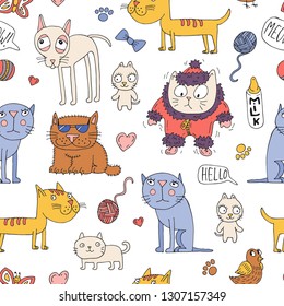 Seamless pattern with cats and kittens. Vector seamless background with funny cats. Hand drawing, child's drawing, a Doodle.