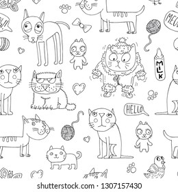 Seamless pattern with cats and kittens. Vector seamless background with funny cats. Hand drawing, child's drawing, a Doodle.
