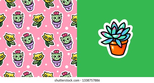 Seamless pattern. Cats lemons and cats cacti. Succulent Sticker. Funny summer illustration.