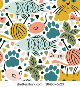 Seamless pattern with cats life elements. Funny and bright vector illustration with cats paws, food and games. Kids fashion fabric design.
