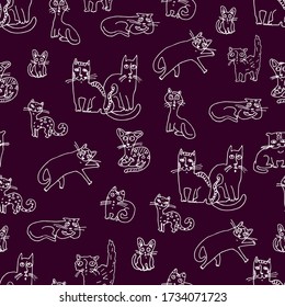 Patrón de gatos sin foco. Arte de línea. Ilustración de material. 