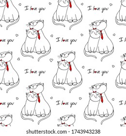 Seamless pattern with cats in love. Vector illustration character design couple cat fall in love and heart for valentine day. Doodle cartoon style. 