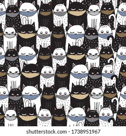 Seamless pattern with cats. Lovely cats. Drawings for coloring. Doodling.