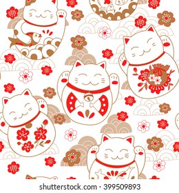 Seamless pattern with cats maneki neko and sakura flowers. Vector illustration.