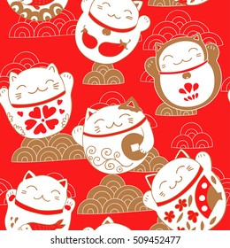 Seamless pattern with cats Maneki Neko - symbols of good luck and prosperity. Vector illustration.