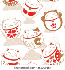 Seamless pattern with cats Maneki-neko, lucky charms. Vector illustration.