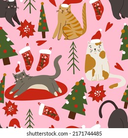 Seamless pattern with cats. Merry Christmas holiday print