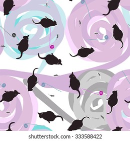 Seamless pattern of cats, mice and balls. Vector illustration
