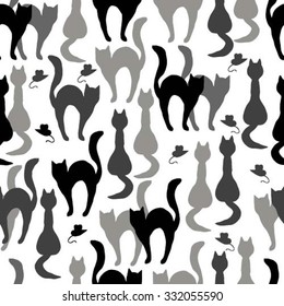 Seamless pattern of cats and mice silhouettes on white background