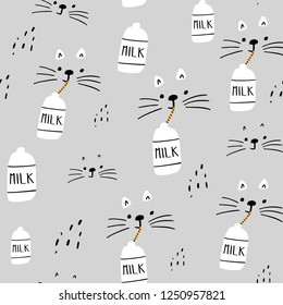 Seamless pattern with cats and milk. Creative childish texture. Great for fabric, textile Vector Illustration