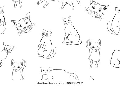 Seamless  pattern of cats, monochrome vector
