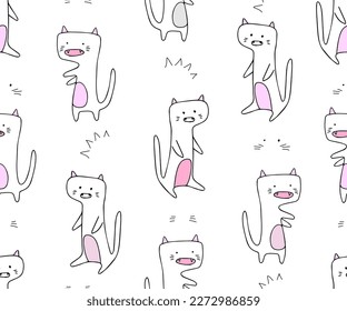 Seamless pattern with cats monsters in doodle style. Vector drawing.