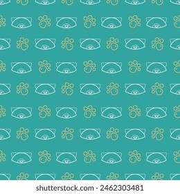 Seamless pattern with a cats muzzle and paw. Doodle vector outline illustration.