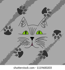 Seamless pattern from the cat's muzzle and paws. Vector illustration of children's background with a cartoon cat. Hand drawn funny cat and paws.