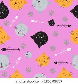 Seamless pattern of cats ' muzzles gray, red and black on a pink background. Cats and food gnawed fish, cat trail, hand-drawn texture, vector isolated