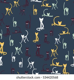 Seamless pattern of the cats. Night camouflage.