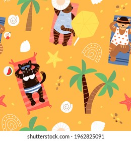 Seamless pattern with cats on the beach. Summer background. Modern baby pattern. Great for wrapping paper, fabrics, covers and cards. Vector illustration. 