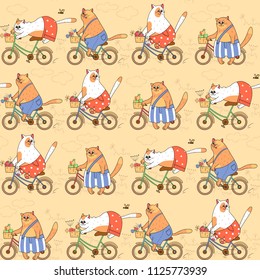 Seamless pattern with cats on bicycles