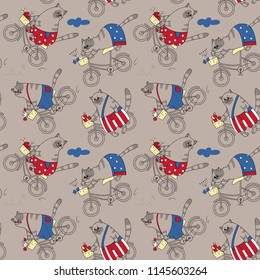 Seamless pattern with cats on bicycles in gray tones