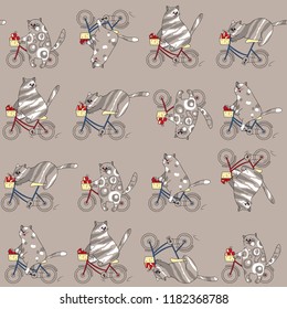 Seamless pattern with cats on bicycles in in gray-blue-red tones