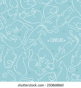 Seamless pattern with cats on blue background "I love cats".