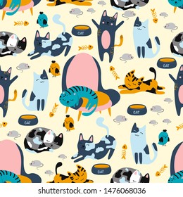 seamless pattern with cats on chairs and mice on the floor - vector illustration, eps