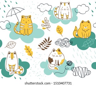 Seamless pattern with Cats on the clouds. Vector Background for fabric, textile, wallpaper, posters, gift wrapping paper, napkins, tablecloths, pajamas. Print for kids, baby, children
