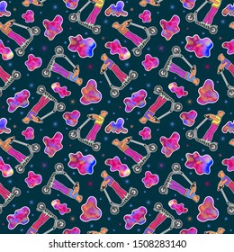 Seamless pattern of cats on an electric scooter, clouds, stars. eps10 vector illustration.