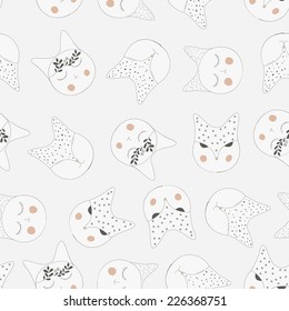 Seamless pattern with cats on a gray background in doodle style