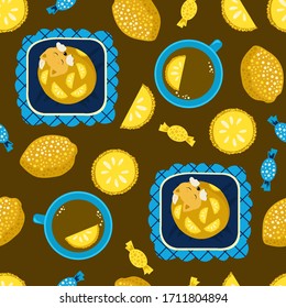 Seamless pattern with cats on the pillow and favorite tea with lemon. Concept of home comfort. Hand vector illustration in a flat style. Design of children's products, background, cover, wallpaper.