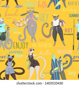 Seamless pattern with cats on summer vacation and typography elements. Cute characters spend summer holidays. Surfing, swimming, diving, fishing, tanning, playing. Vector illustration