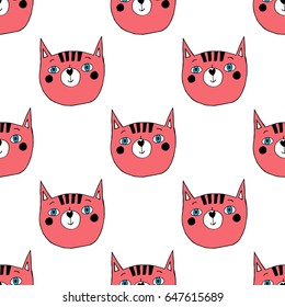 Seamless pattern with cats on a white background. Vector cute illustration. 
