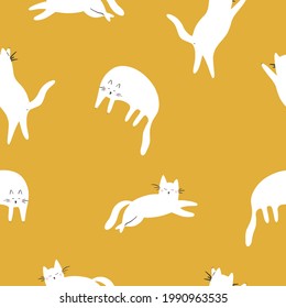Seamless Pattern. Cats on Yellow Background for Design. Vector Illustration