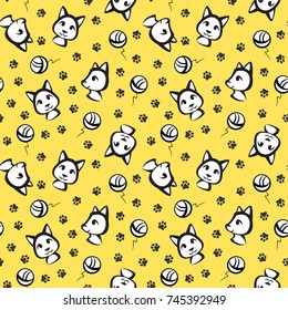 Seamless pattern with cats with outline at yellow background