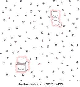 Seamless pattern with cats and paw prints. Vector illustration for design