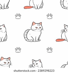Seamless pattern of cats and paw prints: A playful and charming image