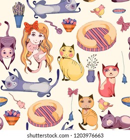 Seamless pattern cats, pets, mistress, toys for pets.  Colorful hand drawn vector stock illustration.