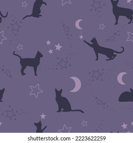 Seamless pattern - cats playing with moon and stars. Night magic cute scene. Vector illustration.