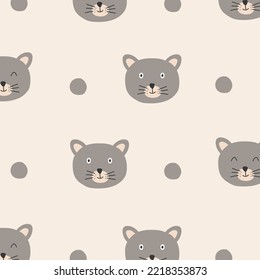 Seamless pattern of cats and polka dots in pastel colors. Can be used for fabrics, wallpapers, textiles, wrapping.